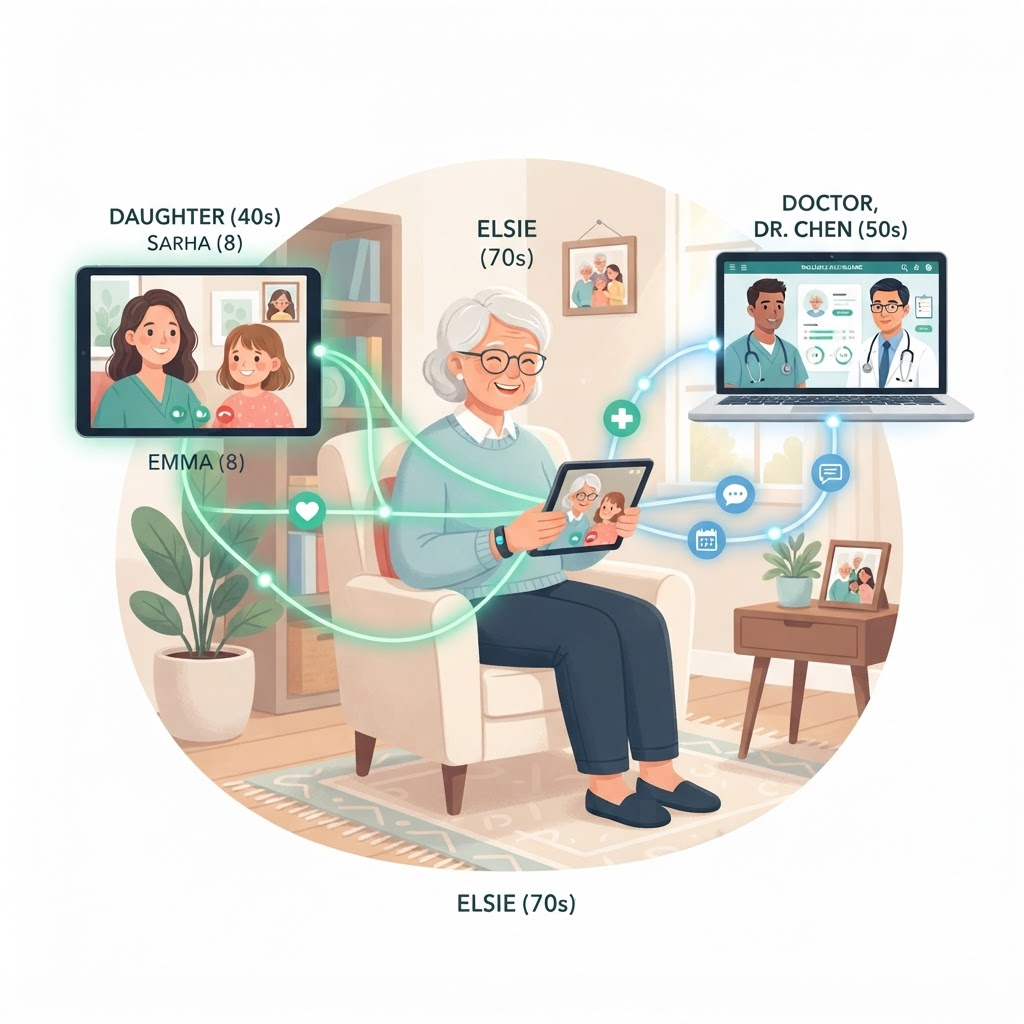 An elderly patient staying connected with family members and caretakers through Teemar